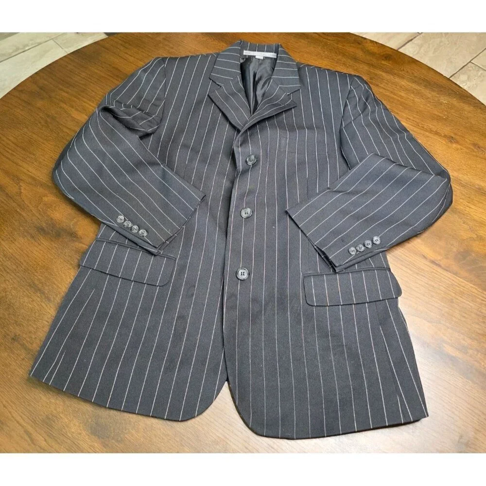 Mens Black Pinstripe Blazer 38S Wool Feel By Burnei Hand Tailored - Picture 10 of 16